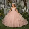 Pink Off Shoulder Ball Gown Prince Flower Girls Dresses Sweep Train Girls Pageant Gowns Lace Applique first communion princess dress BC14362