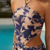 Roupa de banho azul impressão sexy recorte halter um pedaço maiô monokini cintura alta aberta volta retalhos biquinis feminino 2024 elegante