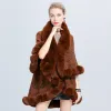 Fur Double Layers Full Trims Faux Rex Rabbit Fur Coat Cloak Women Winter Jacquard Knitted Cape Lapel Overcoat Wraps Shawl Fashion