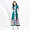 Casual Spring Womens Green Floral Maxi Dresses Long Sleeve Designer Stand Collar Printed Button Cardigan Dress Ladies Sashes Bow Office Party Street Robes Clothes