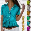 Camisa 2023 Blouses Sexy Vneck Impressão abstrata Manga curta Mulheres vintage Tops elegantes da rua Trendência da rua todos os dias xs8xl