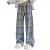 Women's Pants Blue Plush Plaid For Women In Autumn And Winter 2024 High Waisted Draped Casual Retro Short Woolen Wide Leg