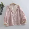 Damesblouses Geborduurd geruit kant shirt met lange mouwen Dames Japanse zoete ronde hals Single Breasted blouse Herfst Mori Girl Tops