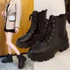 Bottes cheville pour femmes fond épais bout rond en cuir véritable noir blanc tout-match Botas Feminina chaussures à plate-forme