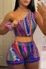 Set Szkzk Multicolor Prints Two Piece Women One Shoulder Tank Crop Top and Shorts Sexig kostym Summer Night Club Party 2st Set Outfit