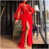 Basic & Casual Dresses Casual Dresses 2022 Y Mesh Long-Sleeved Ball Gown Chinoiserie Red Dress Solid Color High Waist Banquet Evening Dhacu