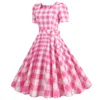 Vestidos casuais rosa xadrez robe balanço festa mulheres 2024 elegante vintage pinup gola quadrada manga curta rockabilly vestido de verão