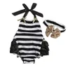 Whole Sell 2016 Summer幼児の女の赤ちゃんの服の服Onepieces Stripe Girls Bodysuit Bow Headband Kids outfit set236a6692864