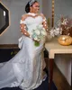 2024 árabe aso ebi plus size laço branco frisado vestido de casamento trem destacável sheer neck vestidos de noiva zj303