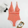 Gestreifter Badeanzug, Designer-Badebekleidung, Damen-Bodysuit mit V-Ausschnitt, einteiliger Badeanzug, Badeanzüge für Damen, sexy Designer-Bikini-Badebekleidung