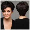 Hair Wigs Synthetic Pixie Cut Wig with Bangs Black or Brown Short Woman Natural Wavy for Women Daily Heat Resistant 240306