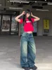 Houzhou Vintage Baggy Jeans Wide Grunge كبير الحجم الأمريكي الرجعية عالية الخصر سراويل الجينز الإناث سروال رعاة البقر الشارع 240219