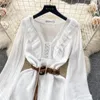 Casual Dresses Women Sweet White Ruffles Bandage Mini Dress Long Sleeve Elegant Pleated Short Korean Fashion Autumn Vacation 2024 Vintage