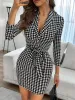 Jurk 2023 F/W Jurken Voor Vrouwen Houndstooth Knoop Taille Blazer Jurk Vestidos De Mujer Casual Elegante Mini Gewaad vrouwelijke