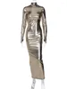 Swobodne sukienki bez pleców Bronzing Gold Shinny Slim Slim Sukienka Wytrzymała bliźnia rękawowe Halter Bodycon Maxi Vestidos Women Christmas Festival