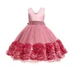 Pink Red Flower Girls Dresses 2024 Handmade 3D Flowers Backless Tulle Train Floor Length A Line Little Girl Birthday Graduation Wedding Party Gown Vestidos 403