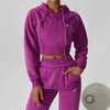 Calças femininas de duas peças Yoga Outfit LO Metlo solto jaqueta de manga comprida com capuz com zíper e isolamento de plug com capuz conjunto de fitness e esportes J240306
