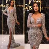 Sparkly Mermaid Prom Dresses Shining Sequined Long Sleeves Side Split Sweep Train Lining Backless Zipper Custom Made Formal Party Dress Vestido De Noite