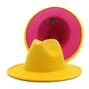 Chapeau en feutre de Jazz pour hommes et femmes, extérieur jaune, intérieur, rose, Patchwork, Panama, chapeaux Fedora à large bord avec bande en feutre, Trilby Cap277M