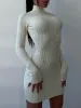 ドレスエレガントな白いタートルネックリブリブニットドレスファッション女性ボディーコン長袖ミディドレス
