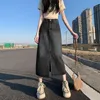 Frühling Mode Mittlere Länge Split Denim Rock für Frauen Hohe Taille Lose A-linie Rock Koreanische Elegante Schwarze Röcke