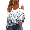 Magliette da donna T-shirt ampia alla moda Manica lunga Anello in metallo Stampa floreale Top casual