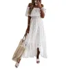 Dress Chic and Elegant White Bohemia Dress Women Casual Summer Off Shoulder Lace Patchwork Spaghetti Strap Ruffle Maxi Dress