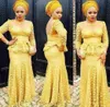 Generös afrikansk gul spetsklänningar peplum aso ebi stil lång fest afton klänningar spetsar applikationer 34 långärmad sjöjungfru she2204169