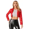 Damesjassen Dames Lange Mouw Faux Latex Jas Wetlook Glanzend Lakleer Revers Cropped Jas Dames PVC Clubwear Feestkostuum