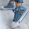 2024 Bottom Up Lace Flat Board Casual Denim Cloth Spring and Autumn Breathable New Canvas Shoes High Top Female Students 19210 19107
