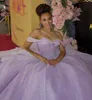 Shimmering Glitter Tulle Quinceanera Dress Sheer Corset Ball Mexican Quince Sweet 15/16 Birthday Party Gown for 15th Girl Drama Winter Formal Prom Gala Lilac Pink Red