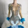 2024 Terciopelo Tallas grandes Vestidos de fiesta Sirena Azul Vestidos de noche con plumas Ilusión Vestidos formales para ocasiones especiales Rhinestones Vestidos de fiesta de cumpleaños AM503