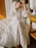 Vêtements de nuit pour femmes mince transparent Peignoir fée chemise de nuit brodée princesse pur coton blanc été victorien volants chemises de nuit