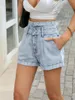 Womens Shorts 2024 Summer Slim Hemmed Denim High Waist Booty Jean with Button Ropa De Mujer Sky Blue