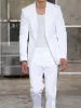 Trajes 2023 Chaqueta larga de verano Pantalones blancos Novio Esmoquin Trajes de boda para hombres Solapa en pico Hombre Blazers 2 piezas Abrigo Pantalones Prom