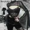 Jackor Gothic Punk Flare Sleeve Jacket Rave Party Cosplay Outfit Seethrough Mesh Awrmg Mock Neck O Ring Laceup Topps Clubwear Crop Top Top