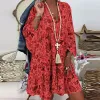 Vestido feminino casual manga 3/4, decote em v, vestido solto para festa, verão, plissado, midi, elegante, estampa floral, boêmio, praia