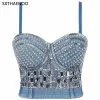 Camis Sxthaenoo Rhinestone paljetter denim korsett camis kvinnor beskuren topp sexig fest kvinnor bh beskurna topp bröllop väst camis mujer