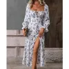 Abito elegante abito floreale donna 2024 primavera nuovo sexy collo quadrato pizzo maniche lunghe vita alta slim abiti da vacanza con spacco alto veste