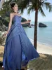 Casual Dresses 2024 Women Blue Elegant Birthday Party Pleated Strapless Dress Summer Female Off Shoulder Backless Irregular Evening Long