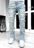 Stack jeans män lila jeans regelbundet fit staplad lapp nöd förstörda raka denim byxor streetwear kläder stretch lapp denim rakt ben