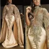 Champagne Luxurious Satin Mermaid Evening Dresses Lace Beaded Crystals Prom Dress with Sheer High Neck Long Sleeves Party Second Reception Gowns 2023