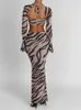 Dames Zebraprint Sexy 2-delige roksets met lange mouwen Laag uitgesneden tie-up crop tops en bodycon lange roksets Elegante 2-delige sets 240304