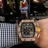 Досуг Milles Роскошные часы Механические часы Richar Mills Rm11-03 Швейцарский автоматический механизм с сапфировым стеклом Импортный резиновый ремешок для часов Pudx
