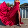 Dress Evening Party Dress Women Long Satin Off Shoulder Bridesmaid Dress Off Shoulder Fluffy Ruffle High Slit Long Formal Dresses