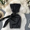 Vestidos casuales Primavera Autmn Girls Sexy Mesh Patchwork Satin Vestido sin tirantes Abrigo de mujer Cadera ahuecada Split Hepburn Estilo Negro Mini