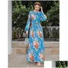 Abbigliamento etnico Donna Stampa floreale Manica lunga Abito maxi Cravatta Abiti con cintura pieghettata Primavera Estate Vacanza Abito da festa Caftano Musulmano D Dhxj4