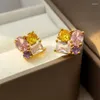 Boucles d'oreilles pendantes bijoux uniques violet rose jaune CZ coupe cristal carré