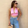 Camis Frauen Mode Weiß Rosa Halter Top Chic Dame Backless Crop Top 2022 Sommer Sexy Elegante Y2K Strand Korsett Top weibliche Leibchen