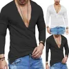 Heren Effen Slanke Fitness Lange Mouw T-shirt Diepe V-hals Knop Tops Spier Tee Blouse See Through Shirts Mannelijke casual Tees 240226